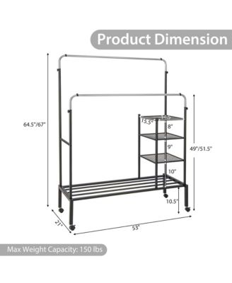 Rolling Clothes Drying Rack Double Rods Garment Rack with Height Adjustables