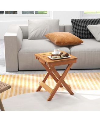 14" Compact Folding Side Table with Slatted Tabletop Stable Triangular Structure