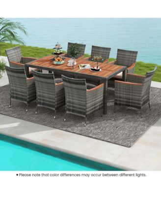 9 Pieces Outdoor Wicker Dining Set with Acacia Wood Table and 8 Armchairs