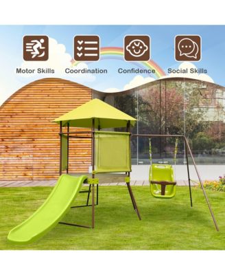 4-in-1 Swing Set with Covered Playhouse Fort Height Adjustable Baby Seat Slide