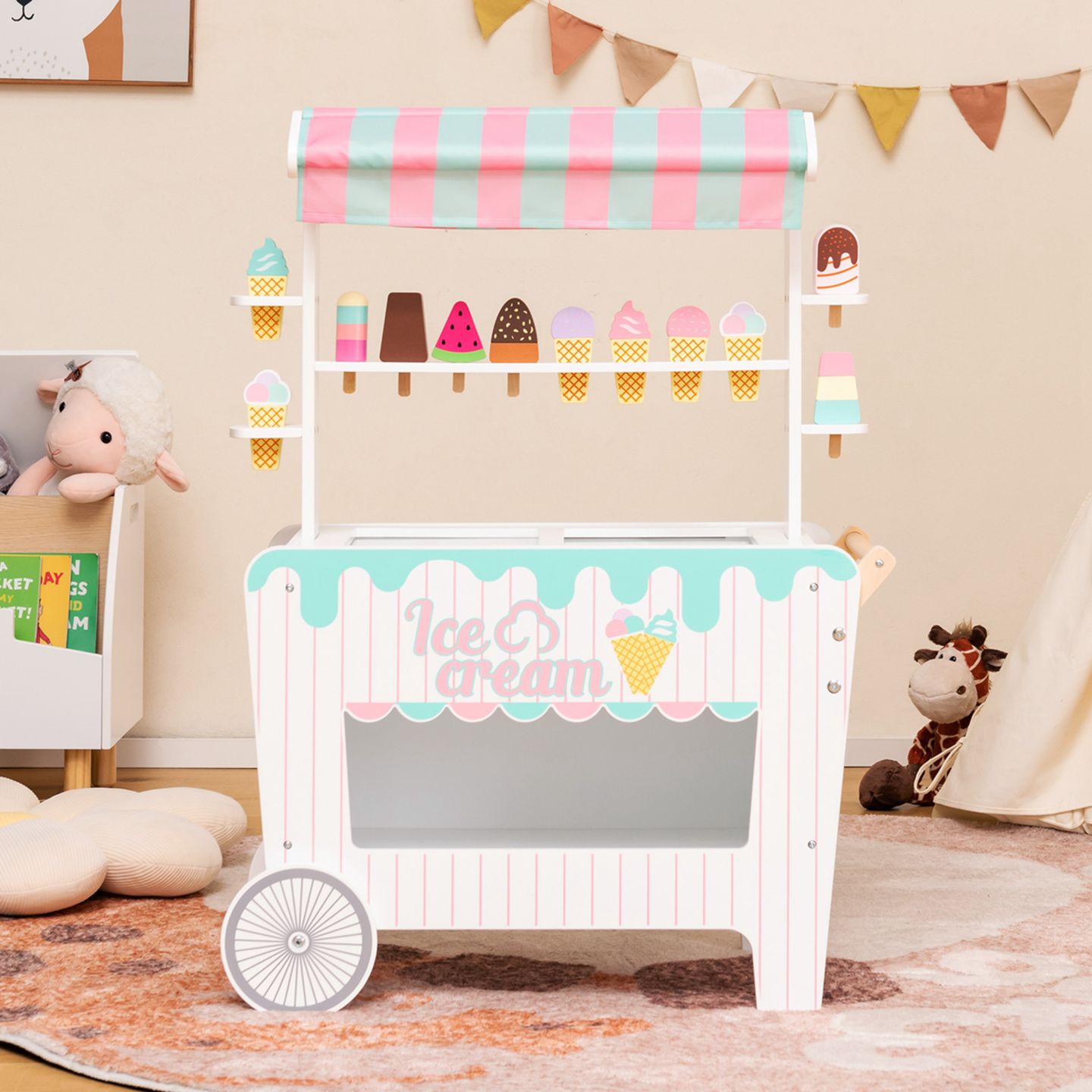 Детские игрушки Costway Kid's Ice Cream Cart Food Trunk Play Toy Set with Display Rack, цвет: Розовый — фото 5