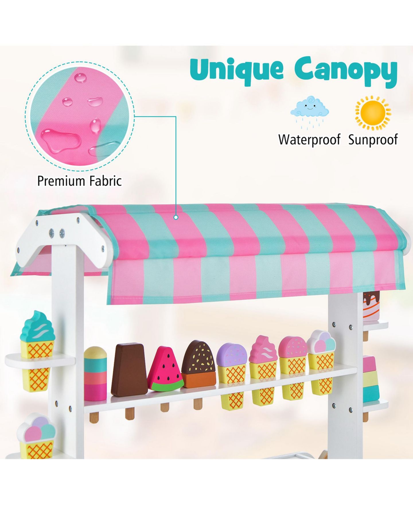 Детские игрушки Costway Kid's Ice Cream Cart Food Trunk Play Toy Set with Display Rack, цвет: Розовый — фото 7