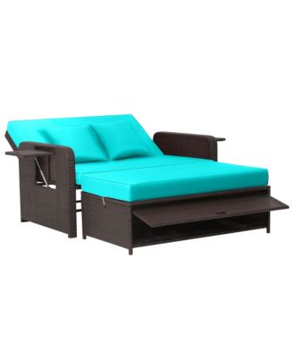 Patio Rattan Loveseat Set Daybed Lounge Storage Ottoman Side Tables Adjust