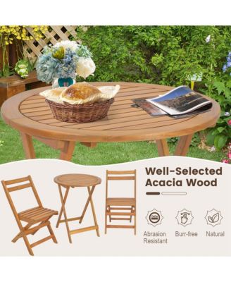 3 PCS Folding Patio Bistro Set Solid Acacia Wood Table & Chairs Slatted Tabletop