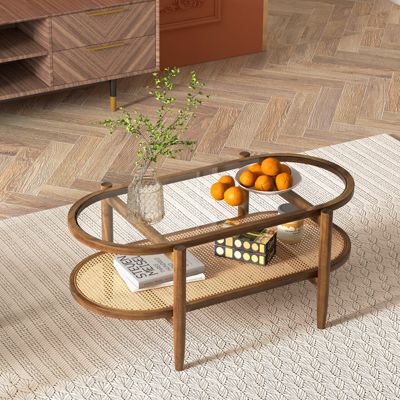 2-Tier Coffee Table Tempered Glass Top with PE Rattan Shelf & Acacia Wood Frame