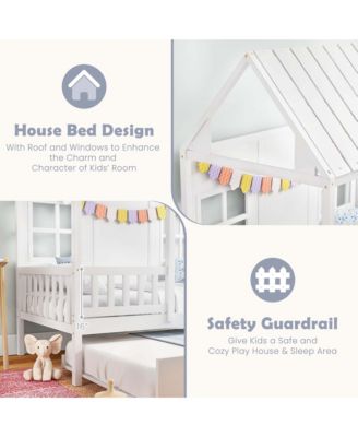 Twin Size House Bed with Trundle Fence Decor Wooden Windows Tall Roof