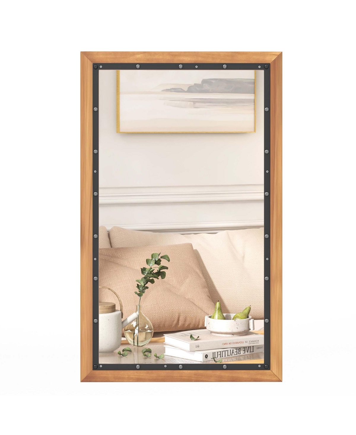 Rectangular Wall Mount Mirror 22'' x 36'' Wood Framed Vanity Decor withHanging Hooks - Natural