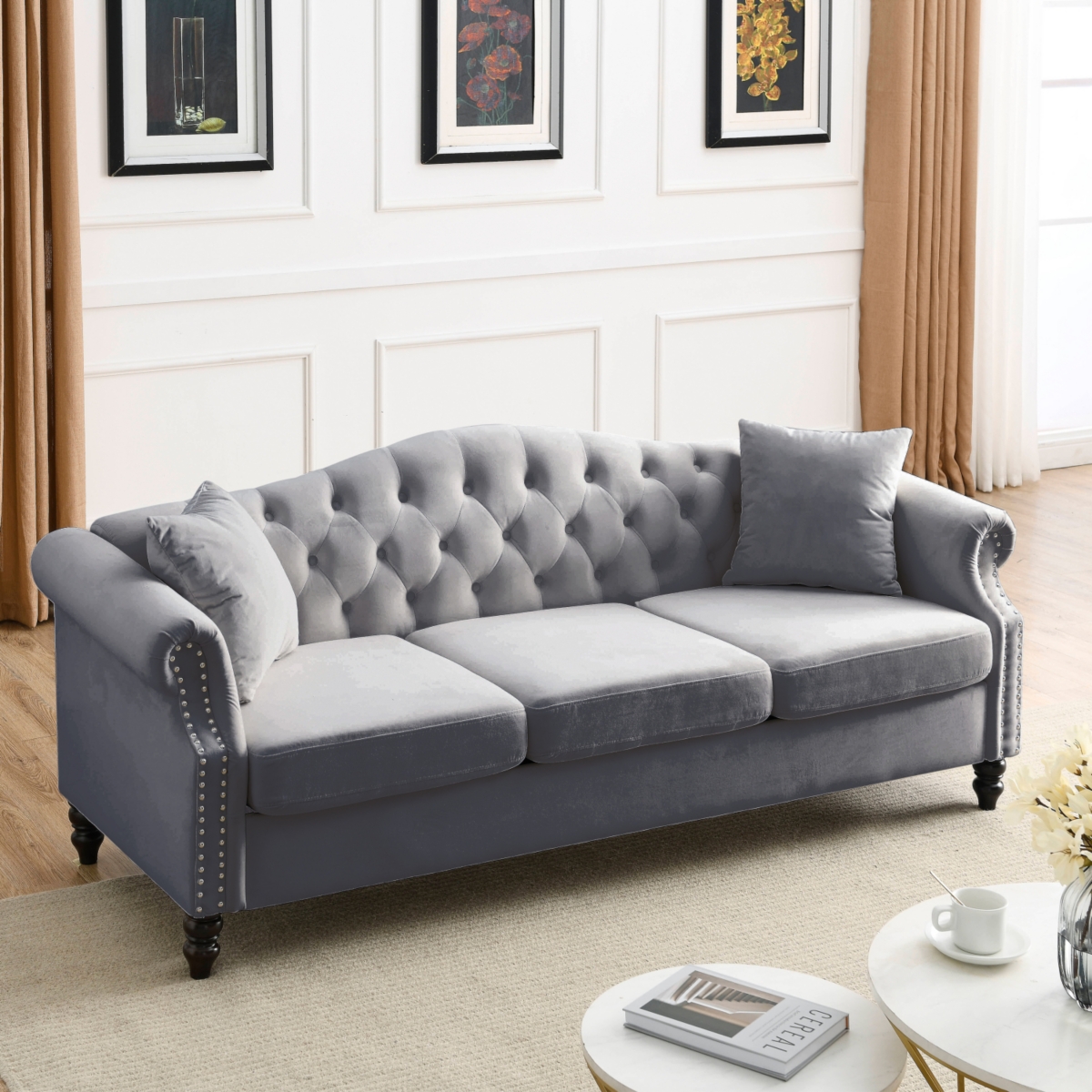 Streamdale Furniture Grey Velvet Chesterfield Sofa with Tufted Couch