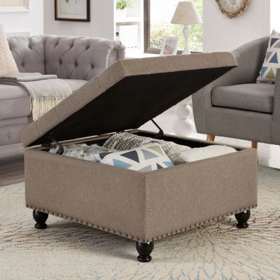 Linen Upholstered Storage Ottoman/coffee table with Wooden Legs