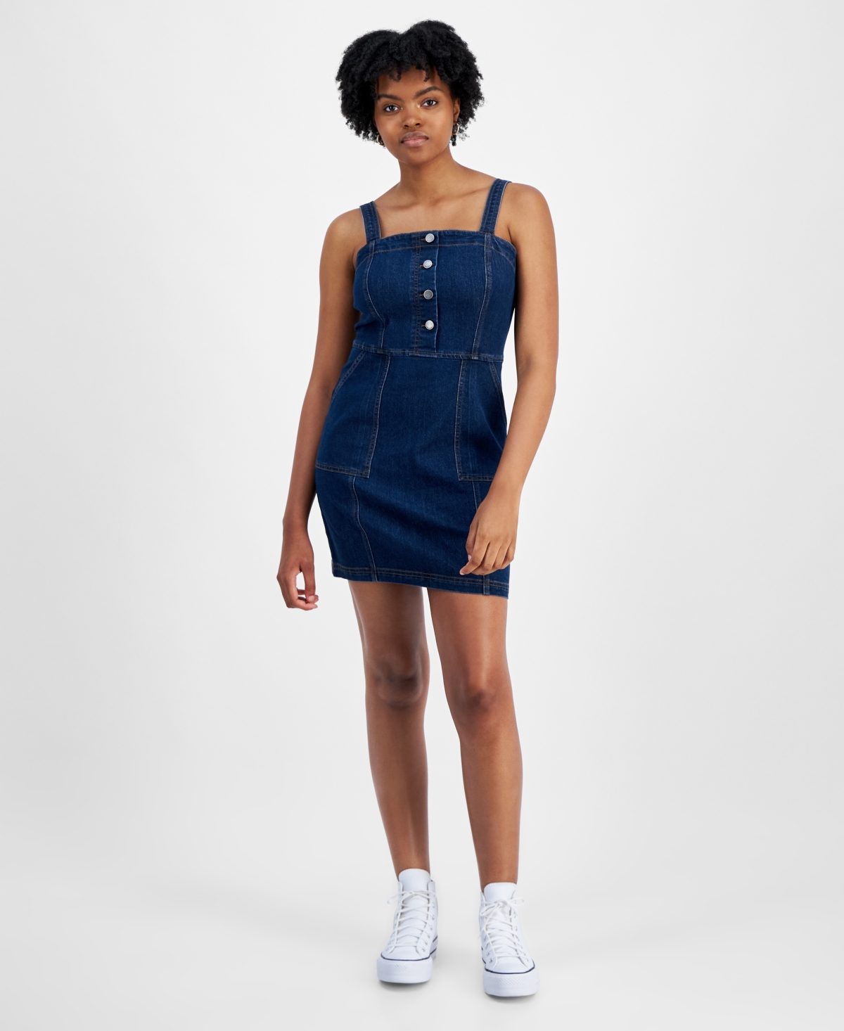 Juniors' Denim Button-Front Utility-Pocket Dress - Pasero Was