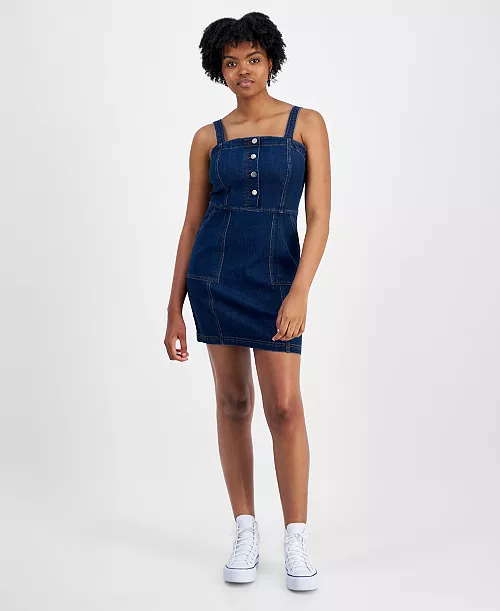 juniors' denim button-front utility-pocket dress