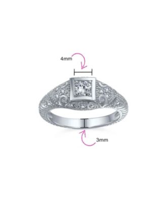 1CT Deco Style Square Bezel Solitaire Round CZ Milgrain Promise Ring Sterling Silver