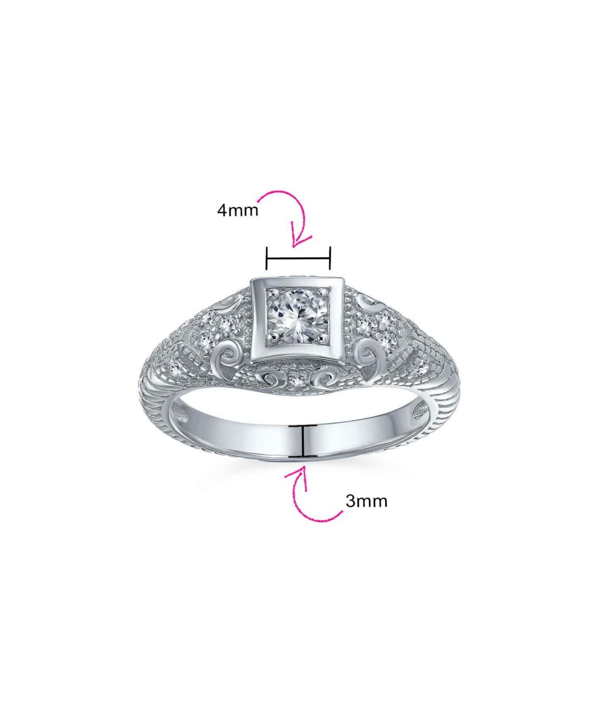 Bling Jewelry 1CT Deco Style Square Bezel Solitaire Round Cz Milgrain Promise Ring For Women Sterling- Silver