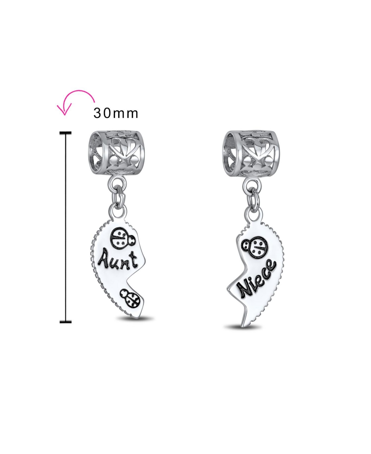 Bling Jewelry Bff Ladybug Puzzle Two Piece Split Heart Shape Words Aunt Niece Dangle Bead Charm Oxidized SterlingFits European Bracelet - Silv