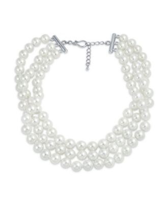 Hand Knotted 3 Row White Simulated Pearl Strand Collar Necklace Prom