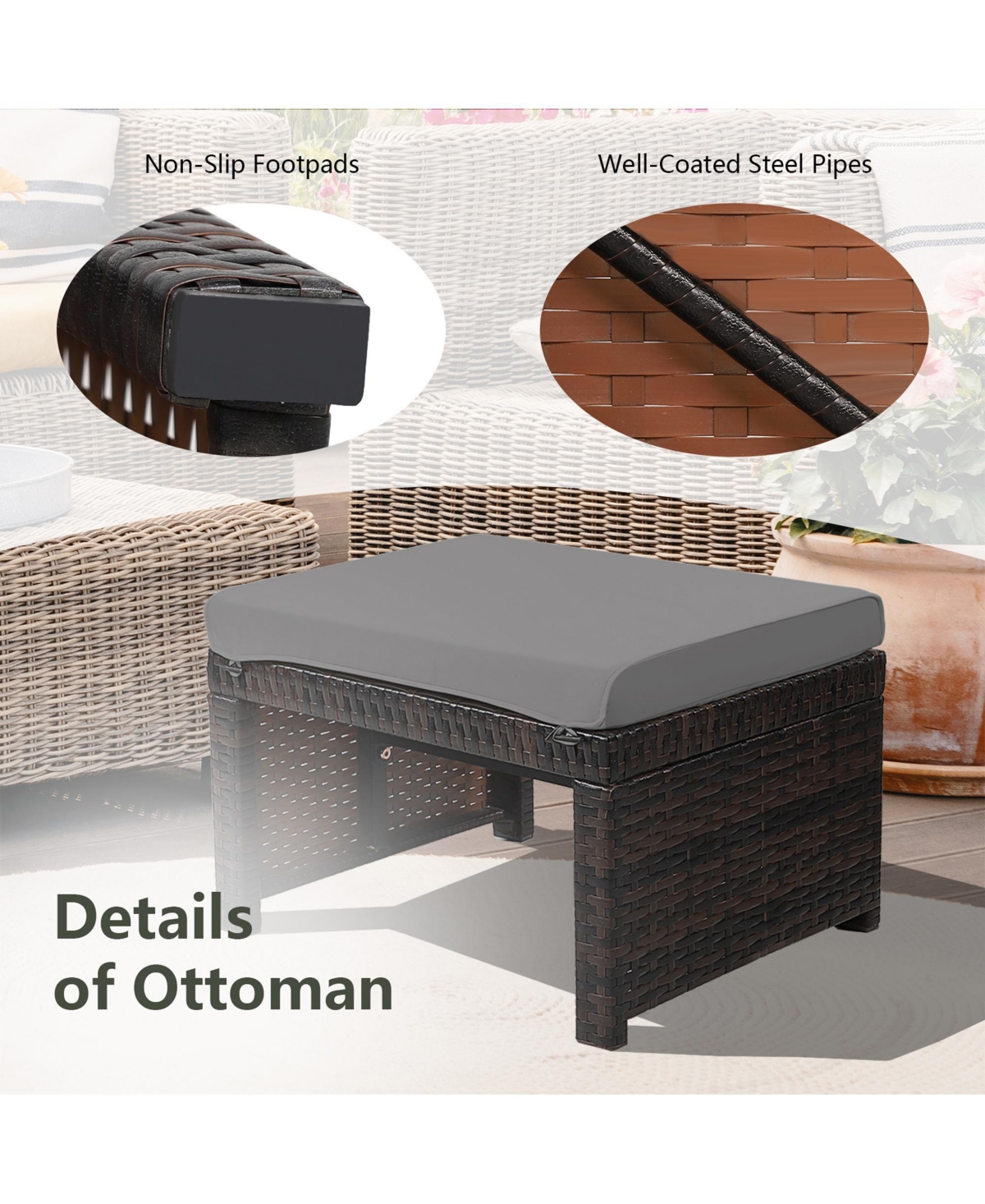 Gymax Set of 2 Rattan Ottoman Footrest Footstool Patio Furniture w/ White Cushion