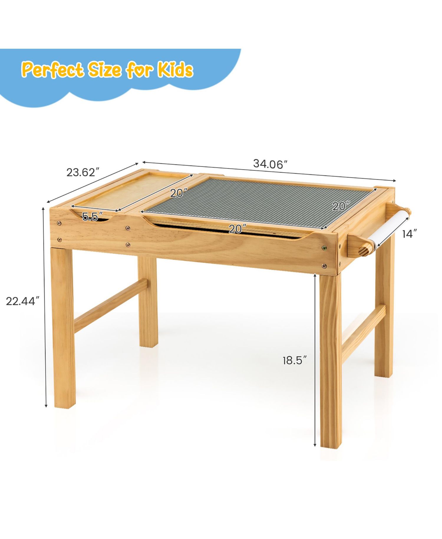 Kids Multi Activity Play Table Wooden Building Block Desk with Storage Paper Roll