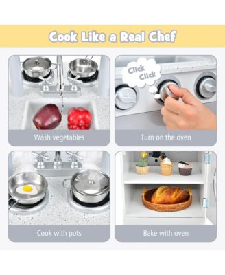 Kids Kitchen PlaySet Pretend Wooden Play Kitchen with IceDispenser&Stovefor Toddler