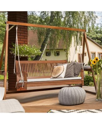 2-Person Hanging Porch Swing Wood Bench with Cushion Curved Back Outdoor Natural