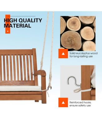 2-Person Hanging Porch Swing Wood Bench with Cushion Curved Back Outdoor Natural