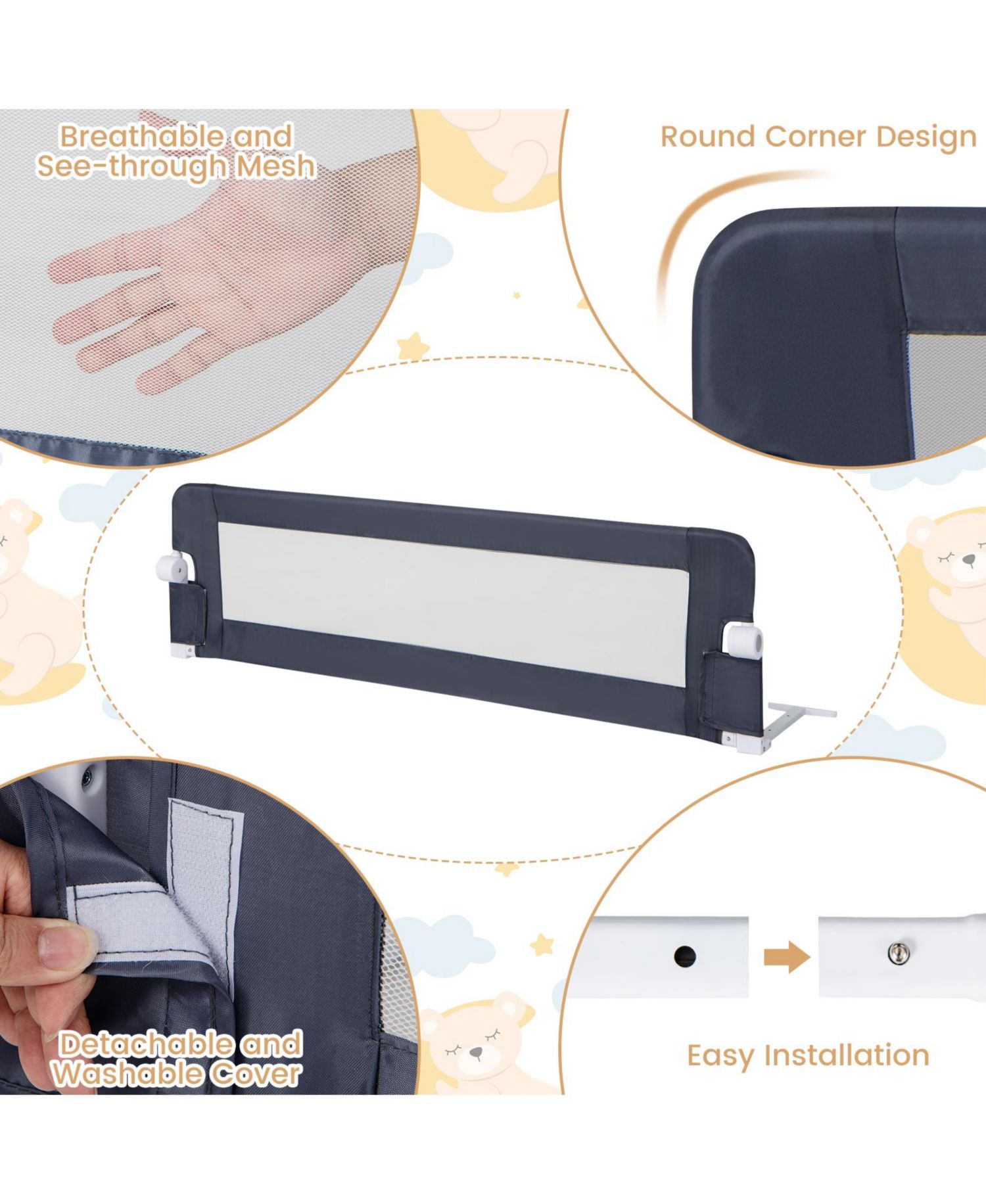 Baby Bed Rail Guard with Adjustable Strap and Fold-Down Design for Easy Access