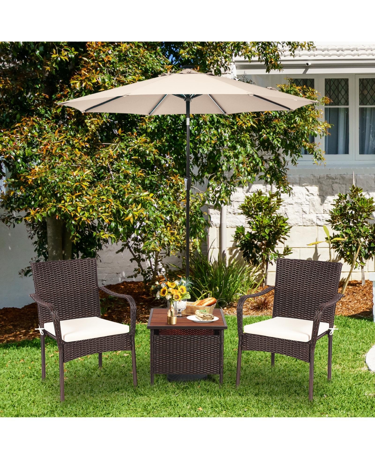 Slickblue 3 Pieces Patio Rattan Furniture Bistro Set with Wood Side Table and Stackable Chair