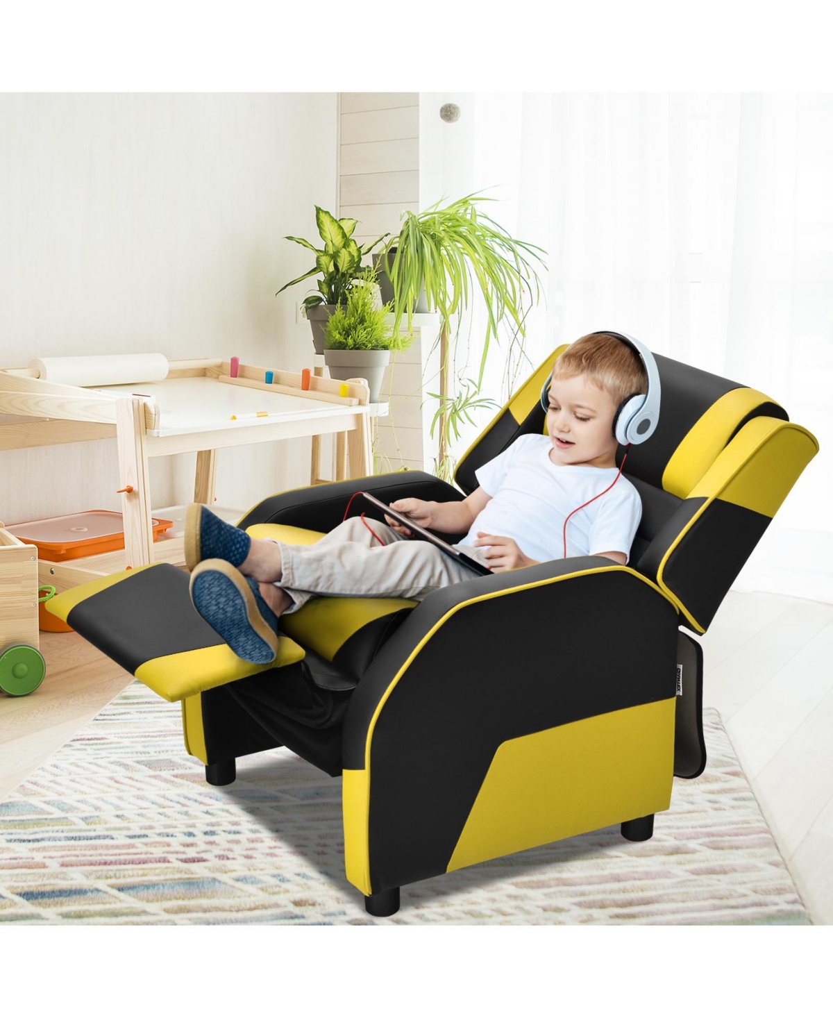 Slickblue Kids Youth Pu Leather Gaming Sofa Recliner with Headrest and Footrest