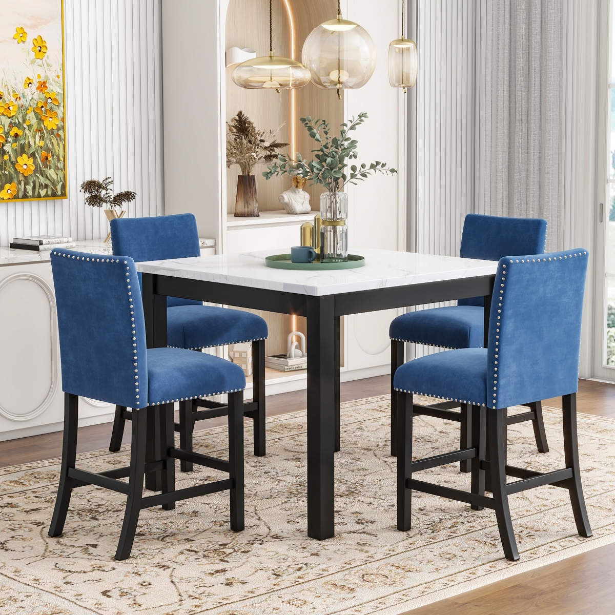 Streamdale Furniture 5-Piece Counter Height Dining Table Set -Velvet Chairs - Blue