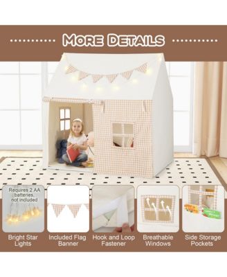 Kids Play Tent Large Playhouse with Padded Mat 2 Breathable Windows Star Lights
