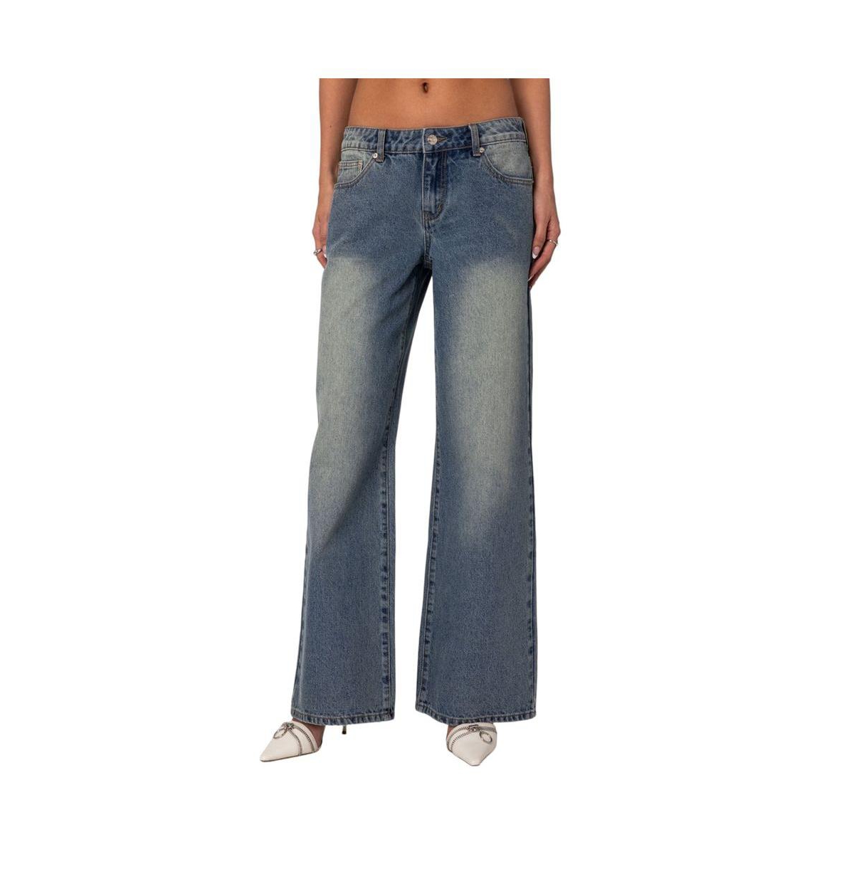 Edikted Women's Magda Low Rise Acid Wash Jeans - Blue-vintage-washed