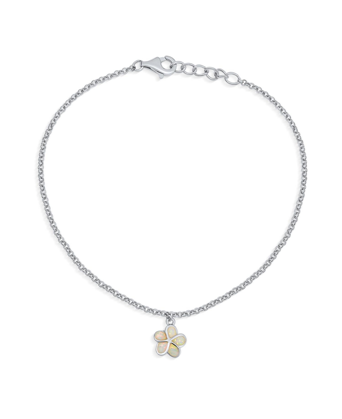 Created White Synthetic Opal Inlay Plumeria Flower Anklet Link Chain Ankle Bracelet For Women Sterling Silver Adjustable - Grey