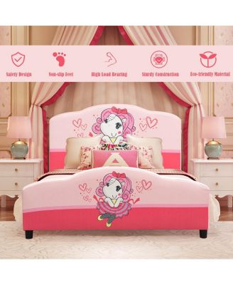 Kids Children Upholstered Platform Toddler Bed Bedroom Furniture Girl Pattern
