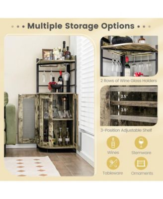 Industrial Corner Bar Cabinet with Glass Holder and Adjustable Shelf