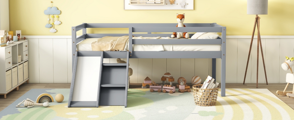 Streamdale Furniture Low Loft Bed With Slide, Ladder, Safety Guardrails, No Box Spring Needed,- Grey