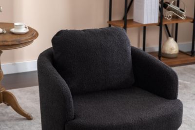 Black Boucle Swivel Accent Chair with Wood Base