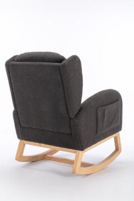 Teddy Fabric Rocking Chair With Packet Wood Legs, Dark Gray