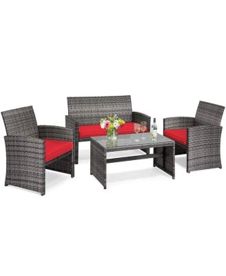 4 Pieces Patio Rattan Furniture Set with Glass Table and Loveseat