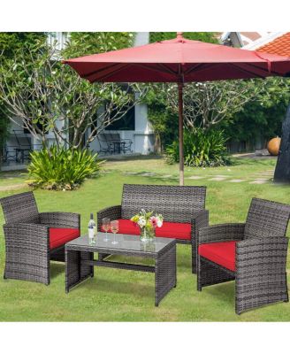 4 Pieces Patio Rattan Furniture Set with Glass Table and Loveseat