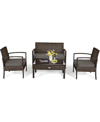4 Pieces Patio Rattan Cushioned Furniture Set with Loveseat and Table
