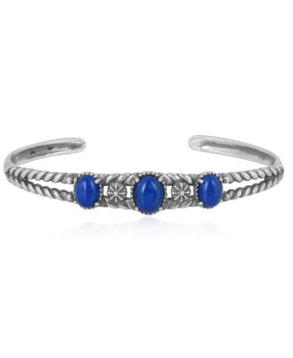 Sterling Silver Genuine Lapis 3 Stone Cuff Bracelet Size Small - Large