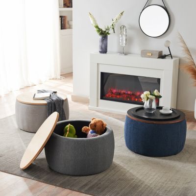 Round Storage Ottoman, 2 In 1 Function, Work As End Table And Ottoman