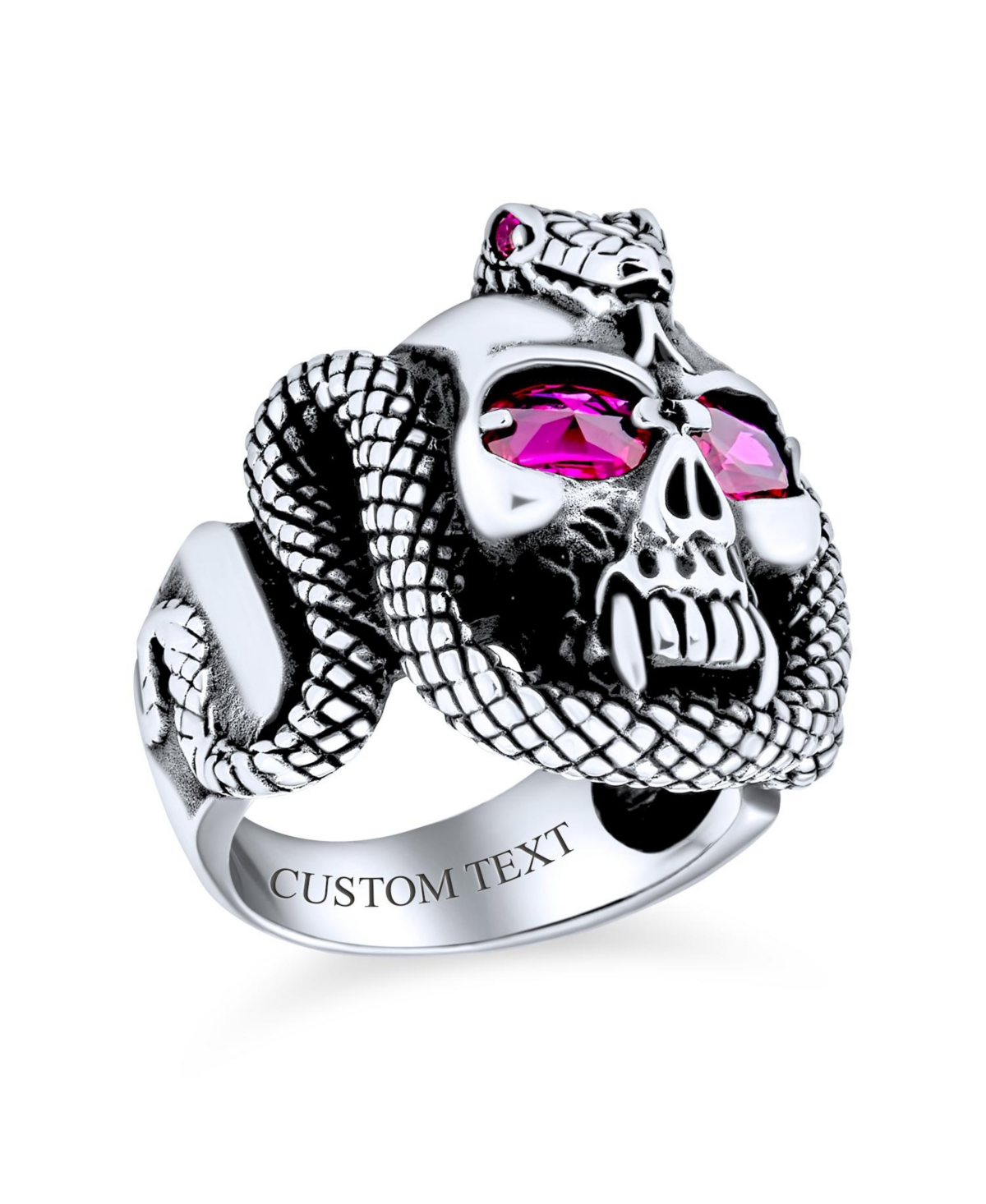 Bling Jewelry Large Mens Biker Halloween Devil Gothic Pirate Day Of Dead Red Cz Eyes Serpent Snake Skull Head Ring Oxidized Sterling Silver