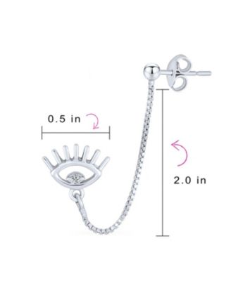 Eye lash CZ Accent Evil Eye Double Pierced Cartilage Ear Lobe Helix Chain Ball Ear Stud Earrings Body Piercing Sterling Silver