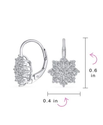 Holiday Party Flower Christmas Winter Cubic Zirconia Encrusted CZ Snowflake Drop Lever back Earrings Sterling Silver