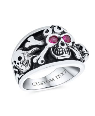 Biker Jewelry Gothic Caribbean Pirate Crossbones Multi Skull Heads Band Ring with Red CZ Eyes Oxidized Sterling Silver