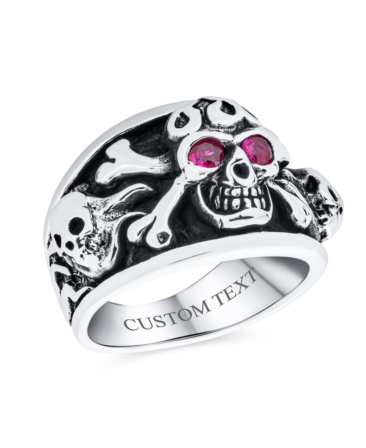 Bling Jewelry Men's Biker Jewelry Gothic Caribbean Pirate Crossbones Multi Skull Heads Band Ring with Red Cz Eyes Oxidized Sterling Silver