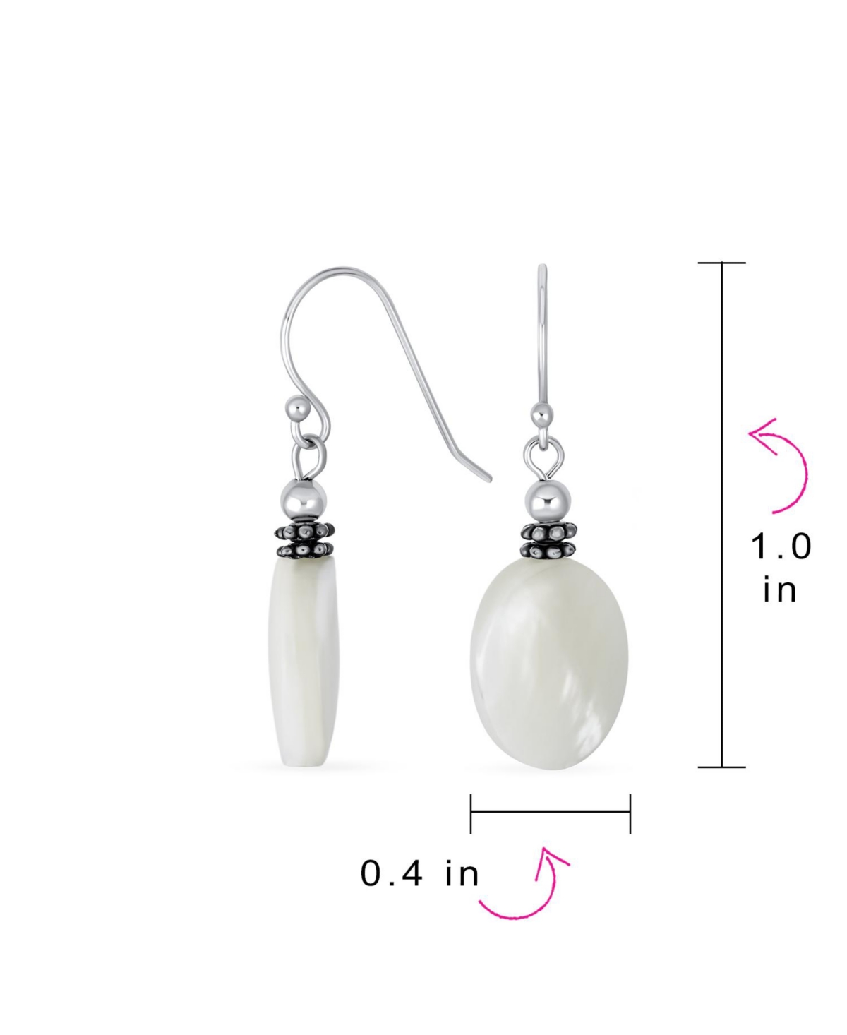 Bling Jewelry Bali Style White Mother of Pearl Milgrain Caviar Bead Accent Oval Drop Earrings Sterling Silver Oxidized Wire Fish Hook