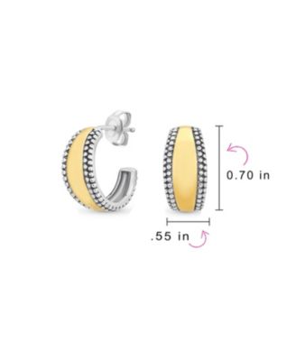 Lightweight Dome Round Caviar Bead Edge Two Tone Stud Hoop Earrings Gold Plated Sterling Silver .70 Inch Diameter