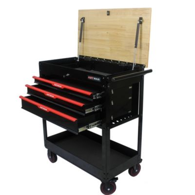 3 Drawers Multifunctional Tool Cart With Wheels And Wooden Top