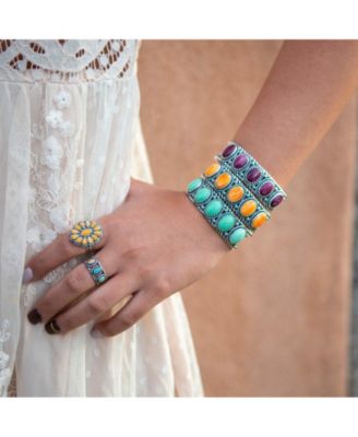 Sterling Silver Women's Cuff Bracelet Orange Spiny Gemstone 5-Stone Design Size Small - Large